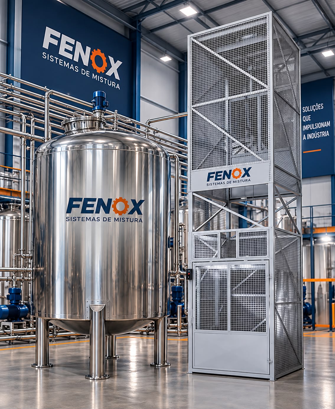 Tanque de aço inoxidável FENOX e elevador de cargas em fábrica