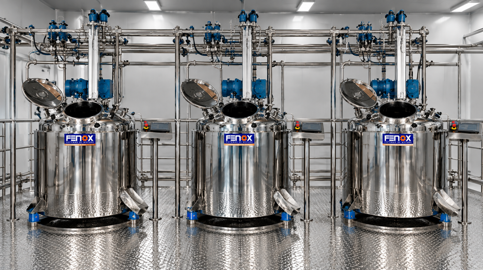 Reatores FENOX com tampas abertas para manutenção e inspeção