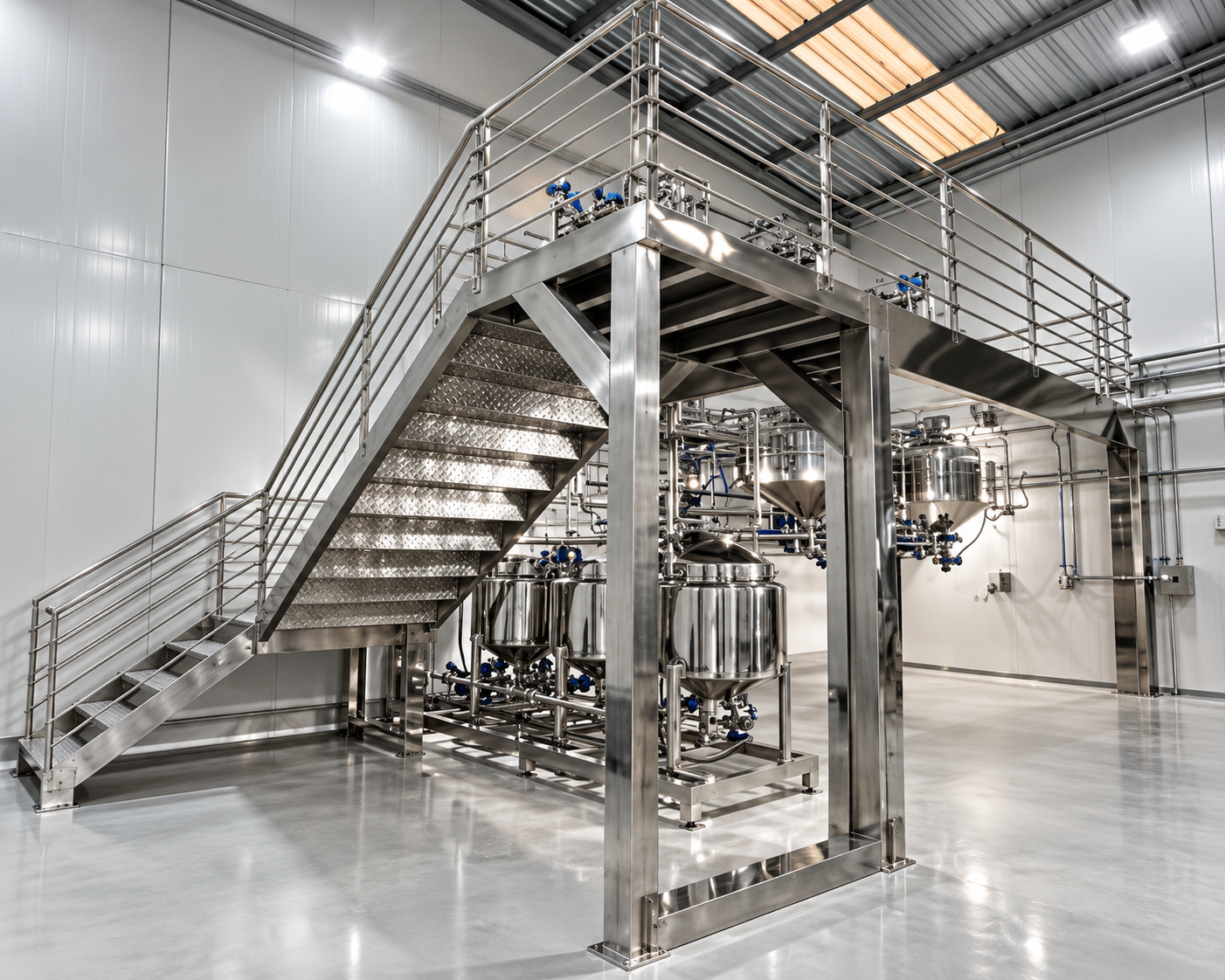 Mezanino industrial com reatores FENOX e escada em aço inoxidável