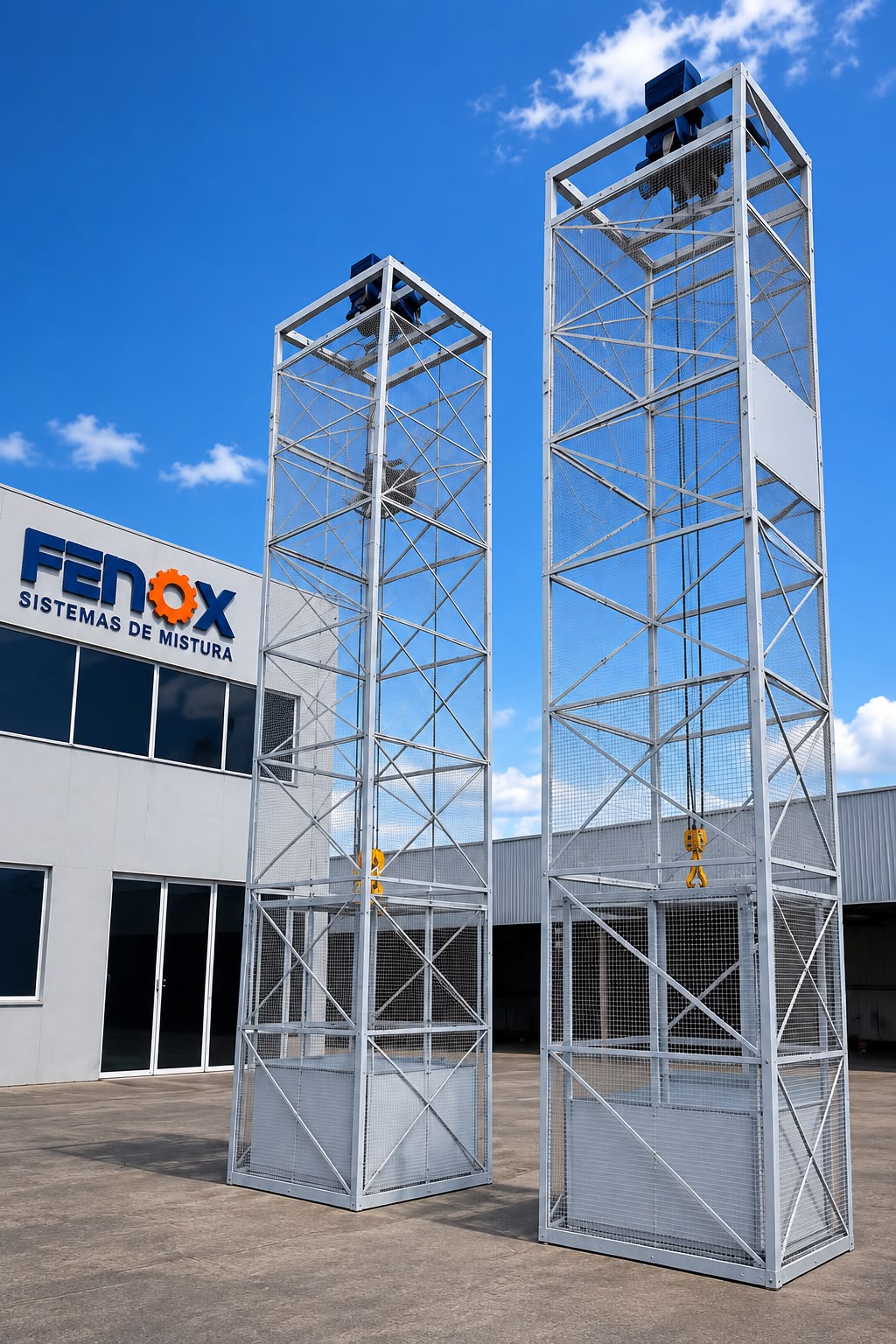 Elevadores de cargas FENOX com estrutura em tela de segurança na fábrica